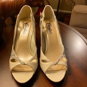 Candie’s Wikked Heels, Tan, Gold, Snakeskin Sz 8M